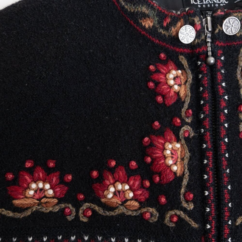 Icelandic Design Wool Cardigan Full Zip Jacket Embroidered Floral Fair Isle - Picture 6 of 16